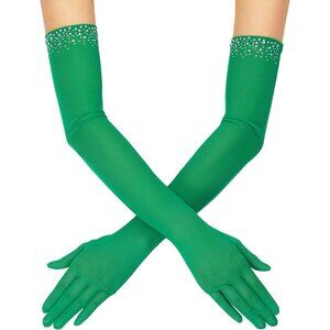 Women's Sexy Pearl Beaded Green Long Gloves Tulle Mesh Wedding Party Prom